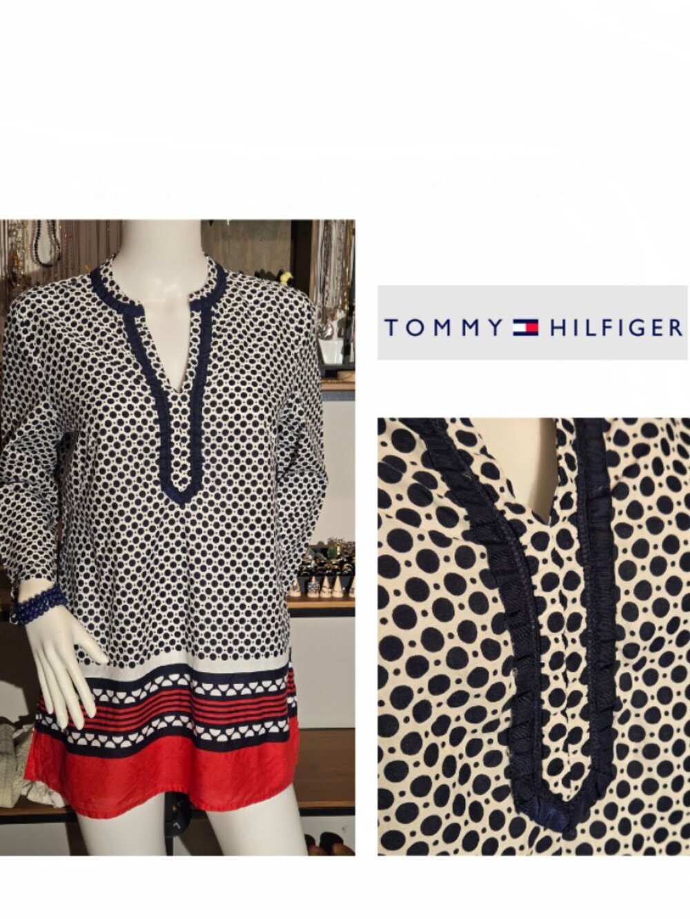 Navy Red Polka Dot Cotton Blouse Medium